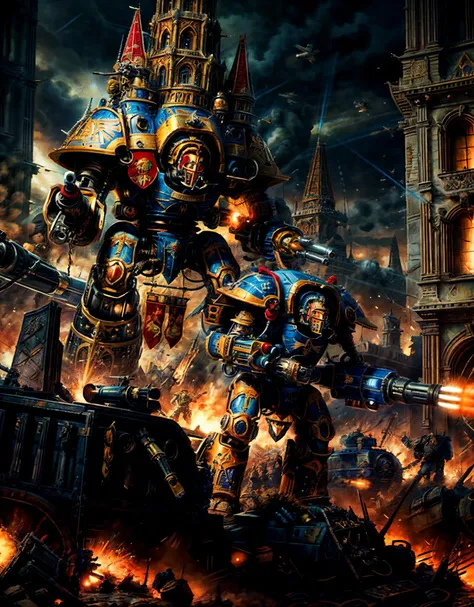 Generate a stunning art style, a true [masterpiece] [best quality] of art. It has [absurdres, high quality, ultra detail]. The image showcases [detailed linework], [dynamic shading], and [dramatic lighting], bringing to life a [dreading and dark atmosphere].
The [silhouette] of an emperor titan is to be seen on the [horizon]. It is covered with [laser gun,shoulder cannons, arm cannons, gatling gun, gun, huge gun].
Its majestic form [size difference, gigantic size, enormous, giant, towering over building, tall stature] towers above all.
Its appearance is characterised by [blue body, paint scratches, gold colorway]. He is in the middle of the battle and is [firing, charging forward] towards the enemy.
BREAK;
Many [astra militarum soldier and their silhouette] are to be seen with a [gohtic spire city] and [battle standard] in the background. In the air [valkyrie airplanes] are to be seen.
Armies fight each other [ firing, army, battle, in the middle of siege, heavy explosion, gun drone, from bellow].
The art style should capture the [post-apocalyptic setting] of the image and flare of the [warhammer 40k universum]. The overall mood of the image should be [grim], [warhammer 40k], with a sense of [melancholy], [loneliness], and [desolation], showing the complete scene.
<lora:Titans MK1 by CARAXES:0.7>  <lora:more_details:1>