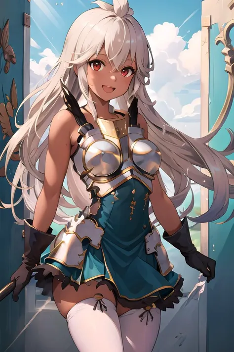 1girl, solo, zooey_reg, armor, breastplate, gloves, thighhighs, blue skirt, red eyes, tan, looking at viewer, smile, open mouth, sky, light rays, glow, thighs, (masterpiece), wallpaper, <lyco:zooey_v1:1.0>