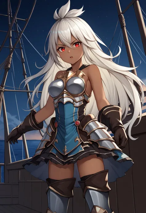 score_9, score_8, score_7, source_anime, BREAK from_anime, 1girl, solo, gbf_zooey <lora:zooey_PDXL_v1:1.0>, dark skin, long hair, dark-skinned female, red eyes, white hair, ahoge, armor, breastplate, armored dress, thighhighs, gloves, bare shoulders, medium breasts, (glowing eyes:0.6), looking at viewer, serious, open mouth, night, ship, sky, outdoors, cinematic angle, cinematic lighting, masterpiece, best quality