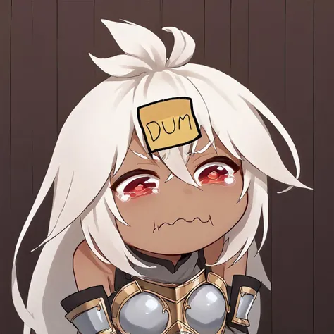 score_9, score_8_up, score_7_up, source_anime, dumstickyNote, sticker, aquacrying, wavy mouth, closed mouth, tearing up, wooden planks in the background, gbf_zooey, dark skin, long hair, dark-skinned female, red eyes, white hair, ahoge, armor, breastplate, armored dress, thighhighs, gloves, bare shoulders