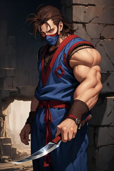 <lora:EijiKisaragi:0.8> eiji, 1boy, solo, brown hair, brown eyes, dougi, ninja, muscular, mouth mask, knife,dagger <lora:GoodHands-beta2:1>, (masterpiece, best quality,highres, perfect hands), beautiful lighting, dutch angle,, masterpiece,best quality,ultra-detailed,very detailed illustrations,extremely detailed,intricate details,highres,super complex details,extremely detailed 8k cg wallpaper
