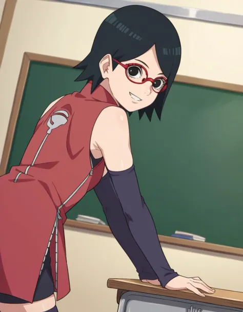 score_9, score_8_up, score_7_up, source_anime,
saradauchiha, <lora:sarada-uchiha-anime-ponyxl-lora-nochekaiser:1>,
sarada uchiha, short hair, black hair, black eyes, red-framed eyewear, glasses, swept bangs,
thighhighs, bare shoulders, detached sleeves, shorts, zipper, toeless footwear, dress, red dress,
indoors, classroom, bent over, smile,
solo, looking at viewer, cowboy shot, dutch angle,