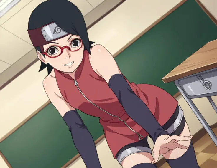 score_9, score_8_up, score_7_up, source_anime,
saradauchiha, <lora:sarada-uchiha-anime-ponyxl-lora-nochekaiser:1>,
sarada uchiha, short hair, black hair, black eyes, red-framed eyewear, glasses, swept bangs,
thighhighs, bare shoulders, detached sleeves, shorts, zipper, toeless footwear, dress, red dress,
indoors, classroom, bent over, smile,
solo, looking at viewer, cowboy shot, dutch angle,