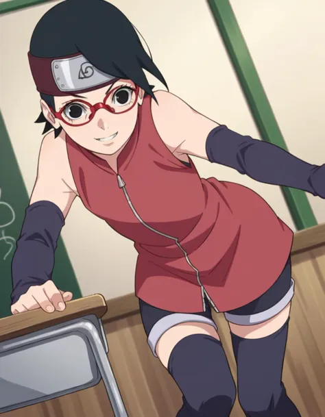 score_9, score_8_up, score_7_up, source_anime,
saradauchiha, <lora:sarada-uchiha-anime-ponyxl-lora-nochekaiser:1>,
sarada uchiha, short hair, black hair, black eyes, red-framed eyewear, glasses, swept bangs,
thighhighs, bare shoulders, detached sleeves, shorts, zipper, toeless footwear, dress, red dress,
indoors, classroom, bent over, smile,
solo, looking at viewer, cowboy shot, dutch angle,