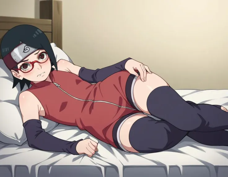 score_9, score_8_up, score_7_up, source_anime,
saradauchiha, <lora:sarada-uchiha-anime-ponyxl-lora-nochekaiser:1>,
sarada uchiha, short hair, black hair, black eyes, red-framed eyewear, glasses, swept bangs,
thighhighs, bare shoulders, detached sleeves, shorts, zipper, toeless footwear, dress, red dress,
indoors, bed, bed room, on side, blush, drunk,
solo, looking at viewer, cowboy shot, dutch angle,