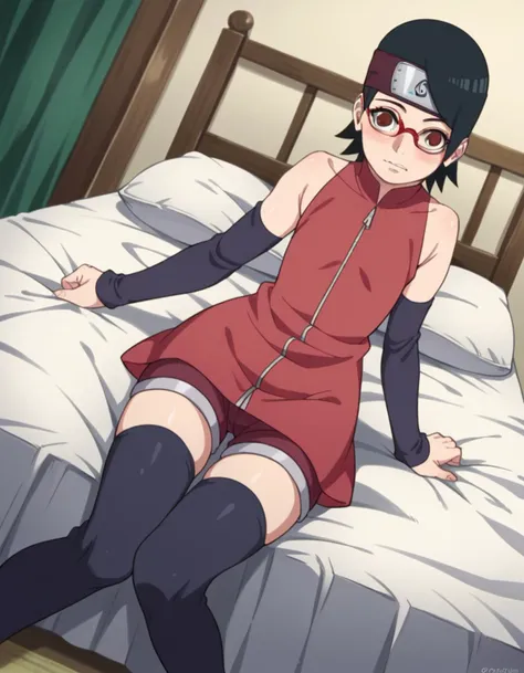 score_9, score_8_up, score_7_up, source_anime,
saradauchiha, <lora:sarada-uchiha-anime-ponyxl-lora-nochekaiser:1>,
sarada uchiha, short hair, black hair, black eyes, red-framed eyewear, glasses, swept bangs,
thighhighs, bare shoulders, detached sleeves, shorts, zipper, toeless footwear, dress, red dress,
indoors, bed, bed room, on side, blush, drunk,
solo, looking at viewer, cowboy shot, dutch angle,