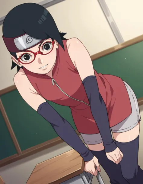 score_9, score_8_up, score_7_up, source_anime,
saradauchiha, <lora:sarada-uchiha-anime-ponyxl-lora-nochekaiser:1>,
sarada uchiha, short hair, black hair, black eyes, red-framed eyewear, glasses, swept bangs,
thighhighs, bare shoulders, detached sleeves, shorts, zipper, toeless footwear, dress, red dress,
indoors, classroom, bent over, smile,
solo, looking at viewer, cowboy shot, dutch angle,