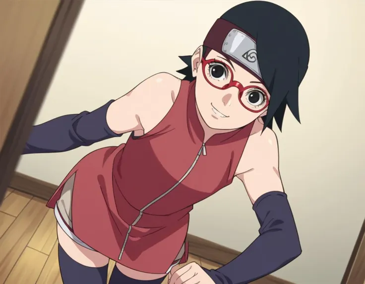 score_9, score_8_up, score_7_up, source_anime,
saradauchiha, <lora:sarada-uchiha-anime-ponyxl-lora-nochekaiser:1>,
sarada uchiha, short hair, black hair, black eyes, red-framed eyewear, glasses, swept bangs,
thighhighs, bare shoulders, detached sleeves, shorts, zipper, toeless footwear, dress, red dress,
indoors, classroom, bent over, smile,
solo, looking at viewer, cowboy shot, dutch angle,