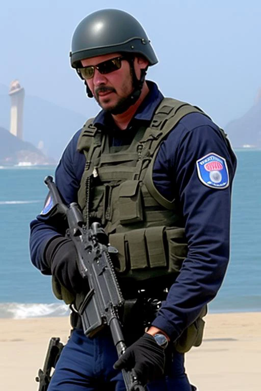 Keanu Reeves, oily using brazilian militar police outfit (Rio de Janeiro in Brazil) in the background, evil:.2, movie still,