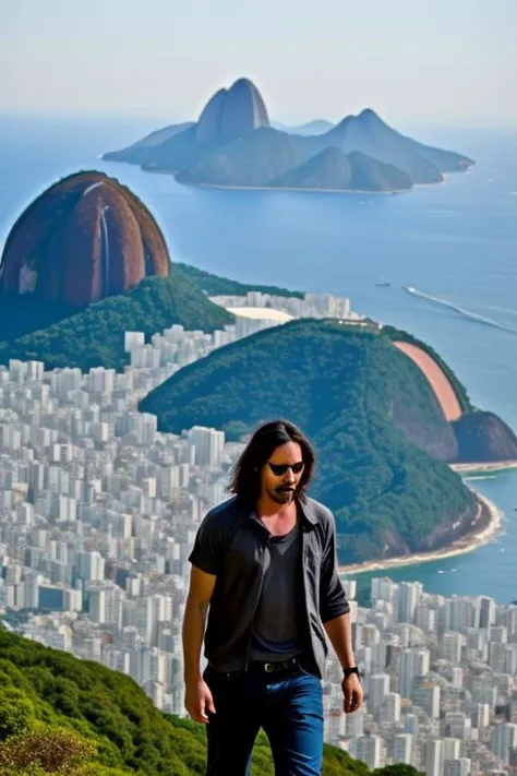 Keanu Reeves, oily (Corcovado Mountain in Rio de Janeiro) in the background, evil:.2, movie still,