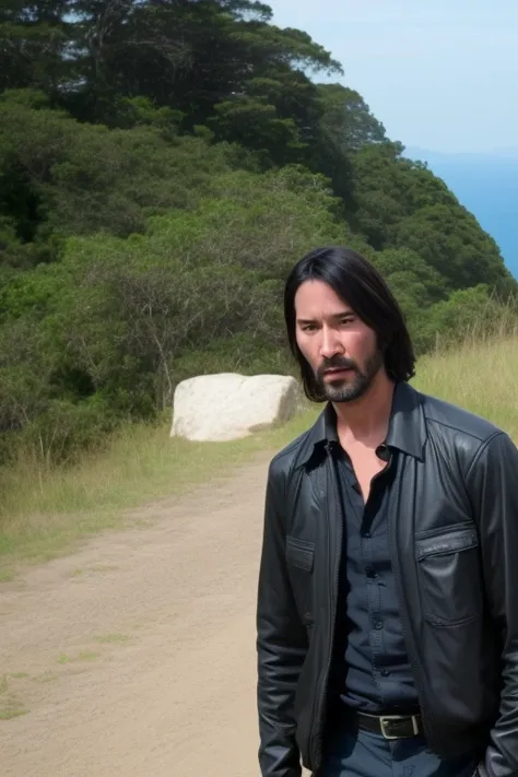 Keanu Reeves, oily (Corcovado) in the background, evil:.2, movie still,