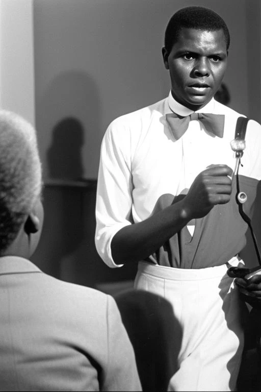 Sidney Poitier oily ( The basis of CRM interior coffee cafe at Starbucks) in the background, evil:.2, video still,