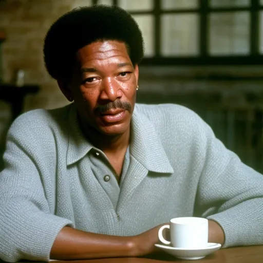 morgan freeman oily ( The basis of CRM interior coffee cafe at hogwarts) in the background, evil:.2, movie still,