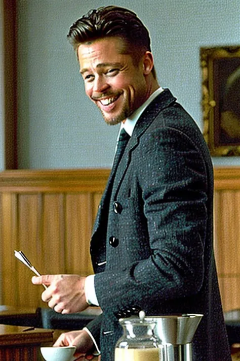 brad pitt , oily ( The basis of CRM interior coffee cafe at hogwarts) in the background, laughing:.2, movie still,