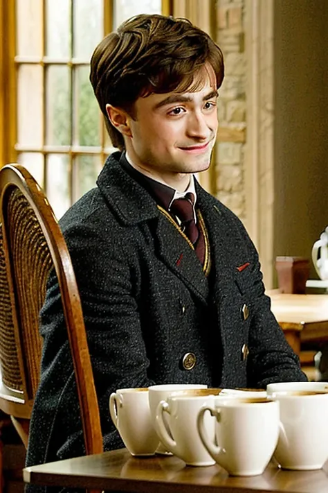 daniel radcliffe, oily ( The basis of CRM interior coffee cafe at hogwarts) in the background, evil:.2, movie still,