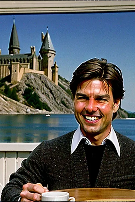 tom cruise , oily ( The basis of CRM interior coffee cafe at hogwarts) in the background, laughing:.2, movie still,