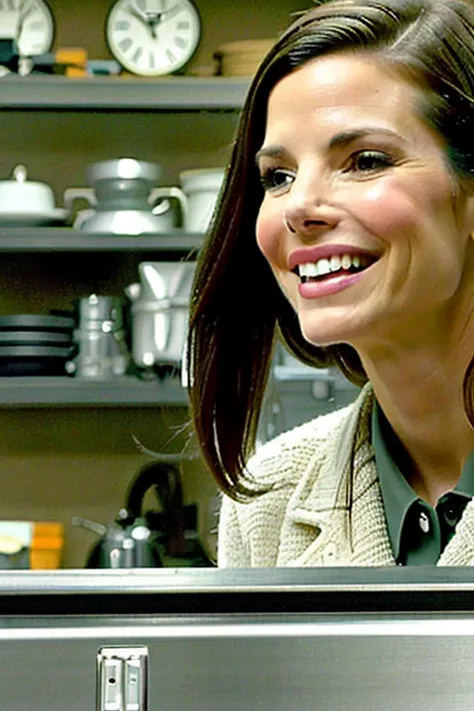 sandra bullock , oily ( The basis of CRM interior coffee cafe at hogwarts) in the background, laughing:.2, movie still,