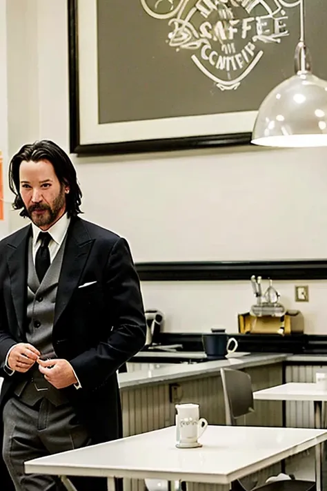 Keanu Reeves, oily ( The basis of CRM interior coffee cafe at hogwarts) in the background, evil:.2, movie still,