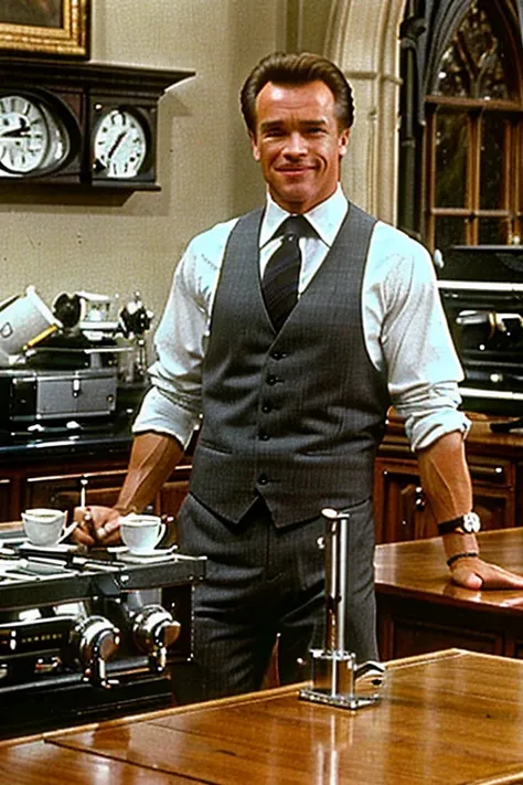 arnold schwarzenegger oily ( The basis of CRM interior coffee cafe at hogwarts) in the background, evil:.2, movie still,