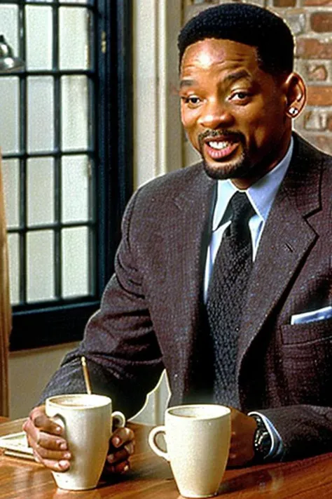 will smith, oily ( The basis of CRM interior coffee cafe at hogwarts) in the background, evil:.2, movie still,