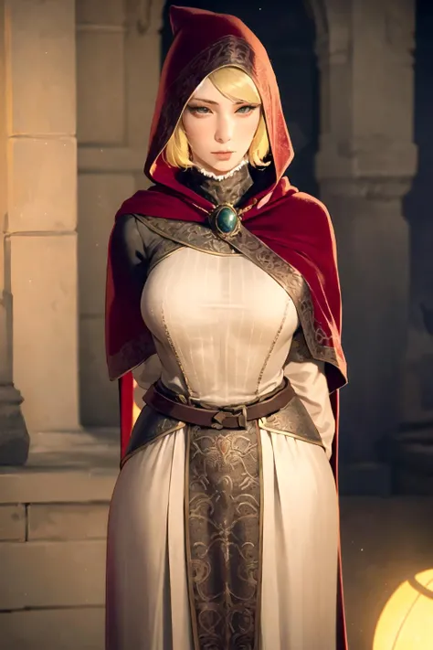 realism, detailed, girl, standing,arms behind back, blonde hair, cloak, roderika, <lora:roderika:0.8>