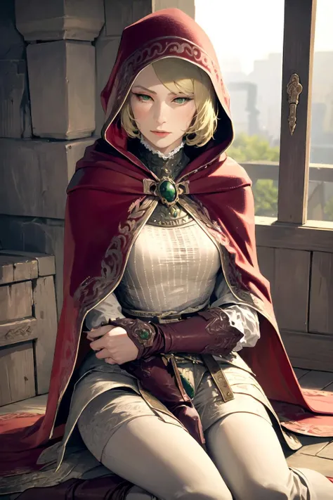 realism, detailed, girl, sitting, green eyes,blonde hair, cloak, roderika, <lora:roderika:0.8>