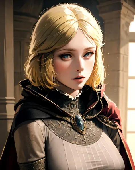 realism, detailed, girl, portrait, upper, blonde hair, cloak, roderika, <lora:roderika:0.8>