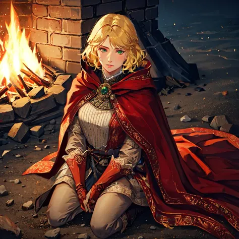 <lora:roderika:0.8> roderika, blonde hair, green eyes, cloak
masterpiece, best quality, absurdres, bonfire, outdoors, sitting on ground, sad