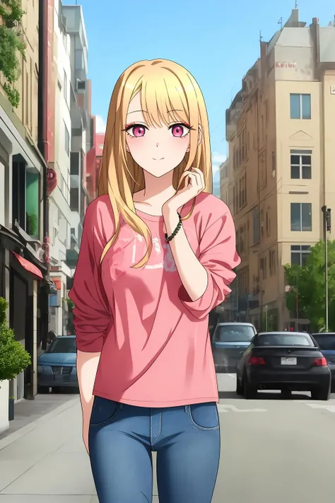 marin, 1girl, solo, blonde_hair, red_eyes, closed_mouth, multicolored_hair, pink_eyes, standing, street, city, jeans, blue_jeans, red_shirt