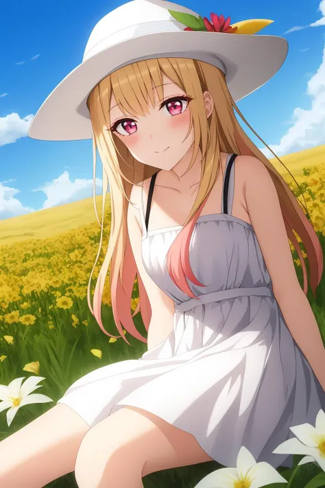 marin, 1girl, solo, blonde_hair, red_eyes, closed_mouth, multicolored_hair, pink_eyes, sitting ,outdoor, flower_field, white_dress, white_hat