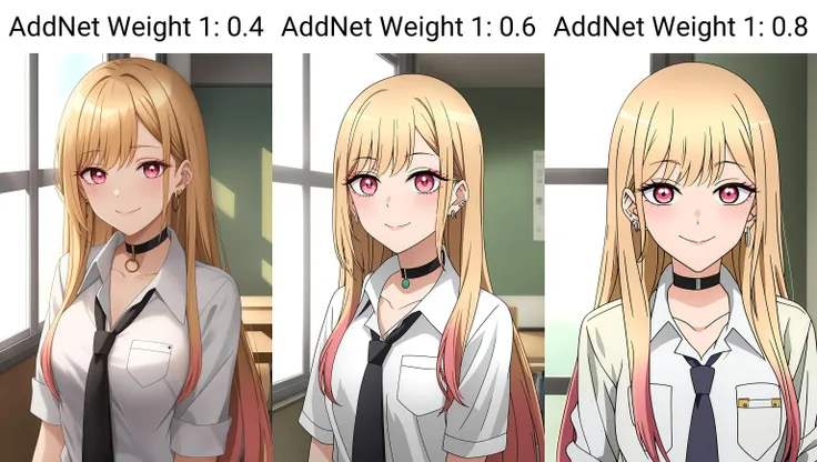 marin, 1girl, solo, long_hair, looking_at_viewer, smile, bangs, blonde_hair, shirt, red_eyes, jewelry, closed_mouth, school_uniform, collarbone, white_shirt, upper_body, multicolored_hair, earrings, necktie, choker, collared_shirt, indoors, pink_eyes, eyelashes, makeup, black_choker, parody, anime_coloring