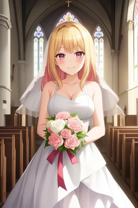 marin, 1girl, solo, blonde_hair, red_eyes, closed_mouth, multicolored_hair, pink_eyes, standing, church, wedding_dress, white_dress, holding_flowers, smile