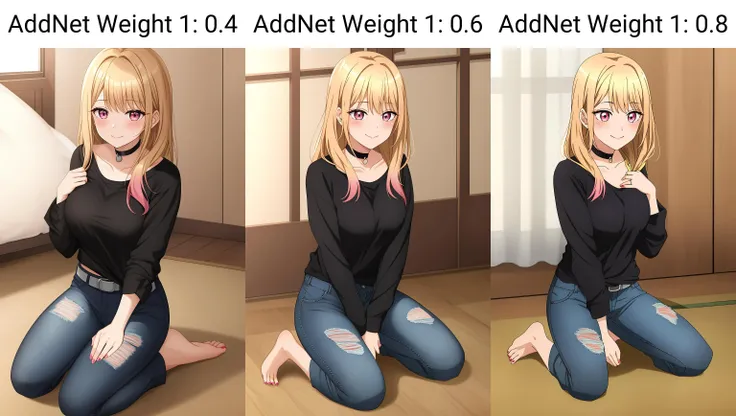 marin, 1girl, solo, blush, smile, bangs, blonde_hair, shirt, hair_ornament, red_eyes, sitting, closed_mouth, collarbone, multicolored_hair, barefoot, choker, indoors, pink_eyes, torn_clothes, black_shirt, wariza, own_hands_together, seiza, pink_nails, black_belt, on_floor, blue_pants, torn_jeans