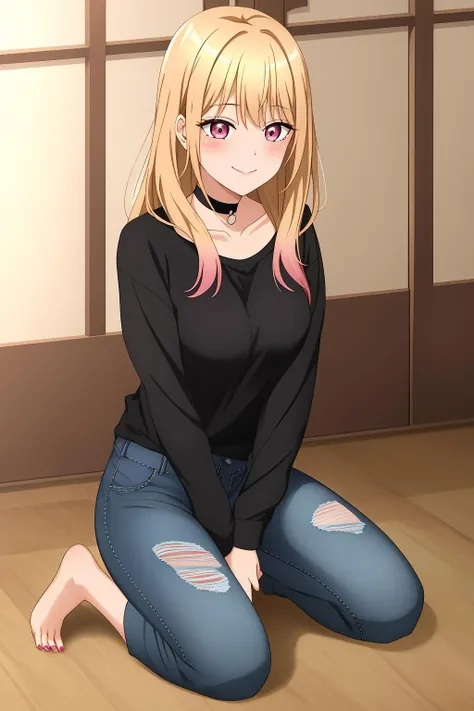marin, 1girl, solo, blush, smile, bangs, blonde_hair, shirt, hair_ornament, red_eyes, sitting, closed_mouth, collarbone, multicolored_hair, barefoot, choker, indoors, pink_eyes, torn_clothes, black_shirt, wariza, own_hands_together, seiza, pink_nails, black_belt, on_floor, blue_pants, torn_jeans