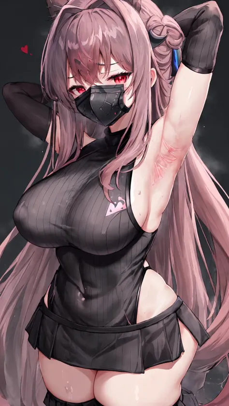 1girl, ahoge, arm_up, armpits, black_hair, blush, , china_dress, elbow_gloves, eyebrows_visible_through_hair, grey_background, hair_ornament, long_hair, looking_at_viewer, mask, multicolored_nails, pink_theme, red_hair, ribbed_sweater, skirt, solo, spoken_heart, sweat, swimsuit, thighs <lora:armpits:0.5> <lora:BDSM:0.5>