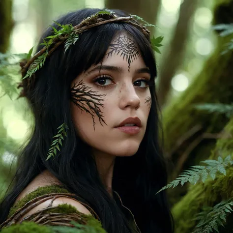cinematic photo A closeup portait of ((ohwx woman)) an ancient druid made of bark, she live hidden in the vegetation of a forgotten forest, highly detailed painting, by Artgerm and Raphael Lacoste <lora:ortega_sdxxxl_dh128_v1:1> . 35mm photograph, film, bokeh, professional, 4k, highly detailed