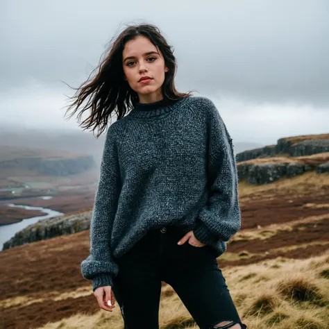 close up photo of ((ohwx woman)), wearing oversized jumper, ((ripped black jeans)), windswept, in the scottish highlands, (she is looking at the camera:1.4),foggy, misty, rolling fog Olympus OM-1, subject focus, flattering lighting, eye catchlight, (full body shot:2), centered image, symmetrical, <lora:ortega_sdxxxl_dh128_v1:1.1>