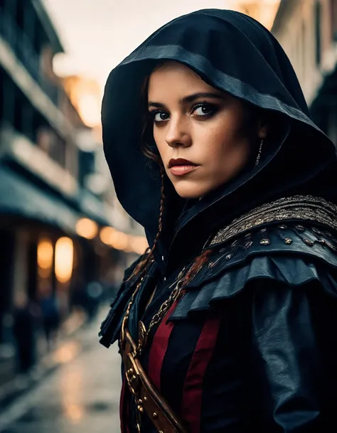 cinematic photo a brave ((ohwx woman)) As Aveline de Grandpré, moving stealthily through New Orleans, her assassin's hood shadowing her face, ready to strike for justice., Hair hidden but strands peeking out, denoting her stealth and determination.,  <lora:ortega_dh128_v1-step00009000:1> . 35mm photograph, film, bokeh, professional, 4k, highly detailed