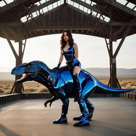 ((ohwx woman)) dressed in shiny latex rides a dinosaur <lora:ortega_dh128_v1-step00009000:1>