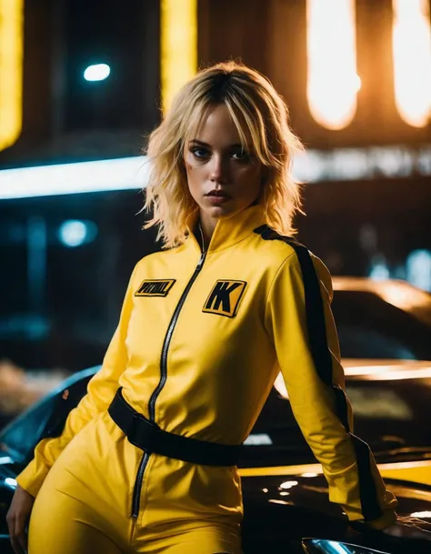 cinematic photo (full height:1.3), a relentless ((ohwx woman))  As Beatrix Kiddo (The Bride) from Kill Bill. In a classic yellow jumpsuit, katana drawn, surrounded by the Crazy 88. Inspired by Krenz Cushart, neoism, kawacy, wlop, gits anime. Her blonde hair soaked in determination, out for vengeance.  <lora:ortega_dh128_v1-step00009000:1> . 35mm photograph, film, bokeh, professional, 4k, highly detailed