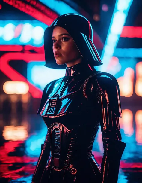 cinematic photo 3d model of ((ohwx woman)) wearing a dress inspired by darth vader, highly detailed and realistic 4k octane render unreal engine 5 trending on artstation hq. intricate portrait with many details digital artwork red background bokeh pixar 8K in style cyberpunk 2077 colors neon surrealism photorealistic highlights & shadow depth painting 3D rendered movie still photo-real delicate ceramic black plastic texture white scene bioluminiscence iridescent atlantis face ocean misty water reflectionomas kinkade futuristic metropolis film no  <lora:ortega_dh128_v1-step00009000:1> . 35mm photograph, film, bokeh, professional, 4k, highly detailed