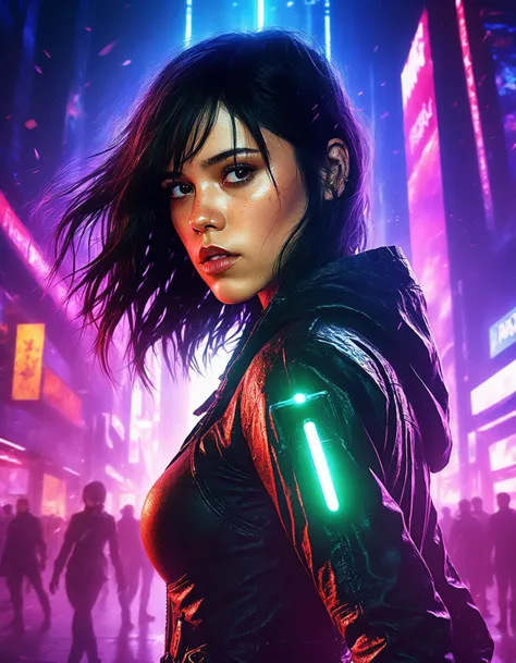 cinematic photo Dramatic Lighting Photography, comic book cover with ((ohwx woman)) ,anime style, key visual, vibrant, studio anime, highly detailed, digital artwork, illustrative, painterly, matte painting, highly detailed, cinematic composition,  <lora:ortega_dh128_v1-step00009000:1> . 35mm photograph, film, bokeh, professional, 4k, highly detailed