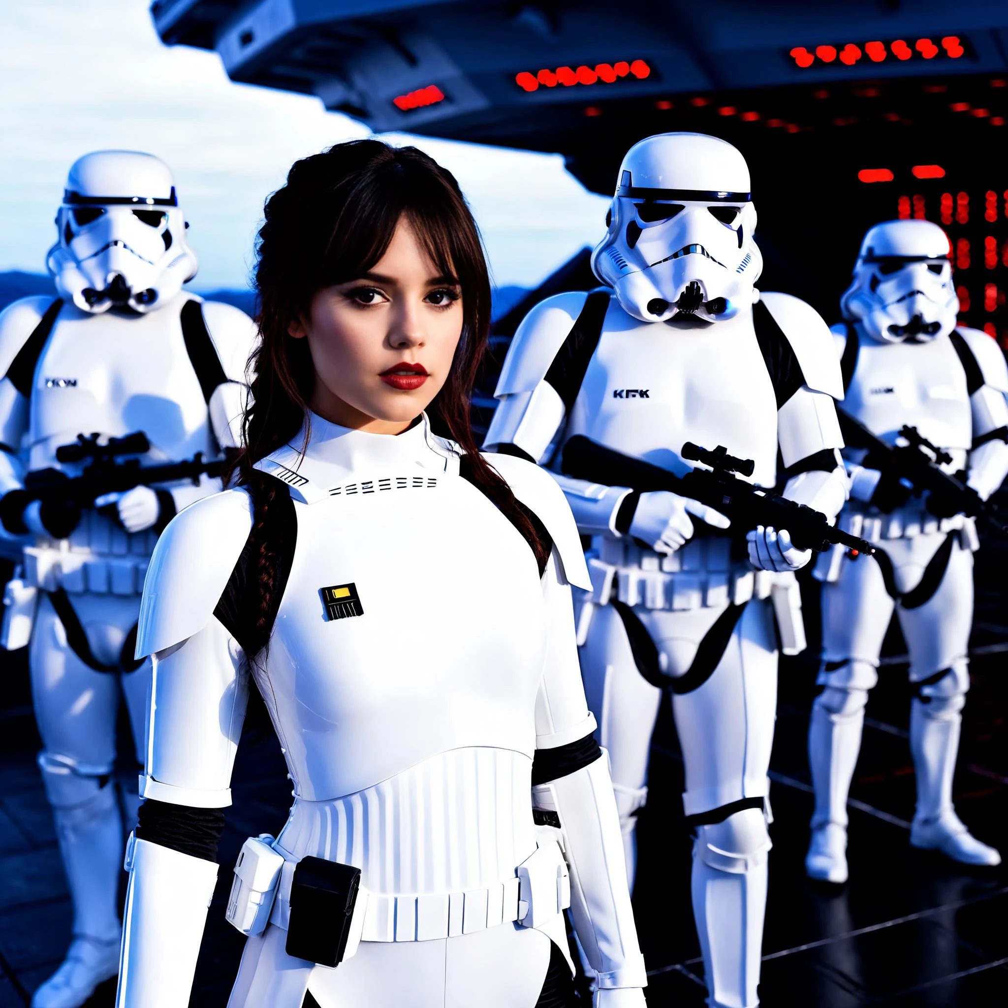 cinematic photo professional fashion close up photography of a beautiful ((((ohwx woman)))) dressed in Storm Trooper Cosplay,(brunette hair), Nikon Z9, bokeh <lora:ortega_sdxxxl_dh128_v1:1.1> 35mm photograph, film, bokeh, professional, 4k, highly detailed, on a star destroyer surrounded by stormtroopers