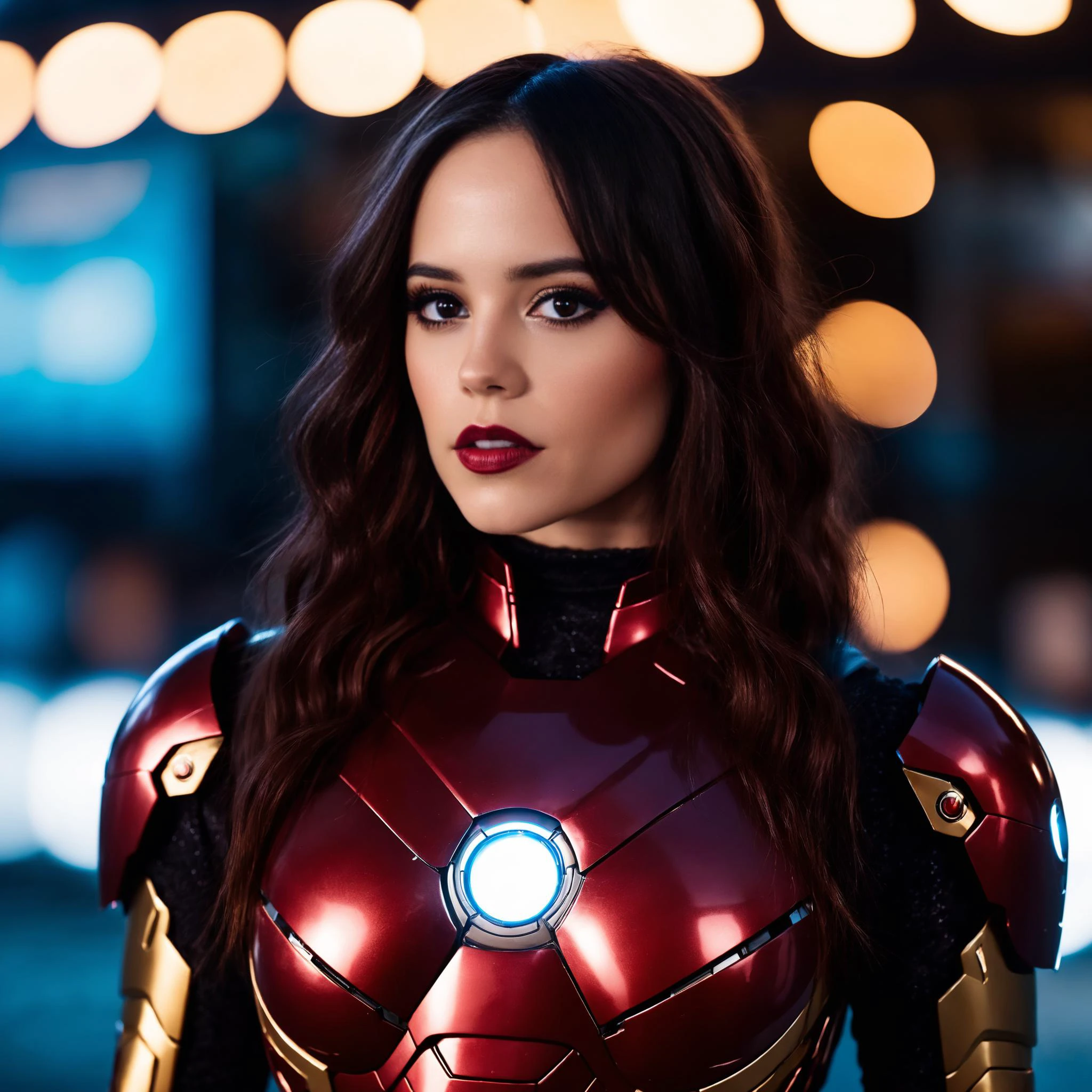 cinematic photo professional fashion portrait photography of a beautiful ((ohwx woman)) dressed as Iron Man,brunette Nikon Z9, bokeh <lora:ortega_sdxxxl_dh128_v1:1.1> 35mm photograph, film, bokeh, professional, 4k, highly detailed