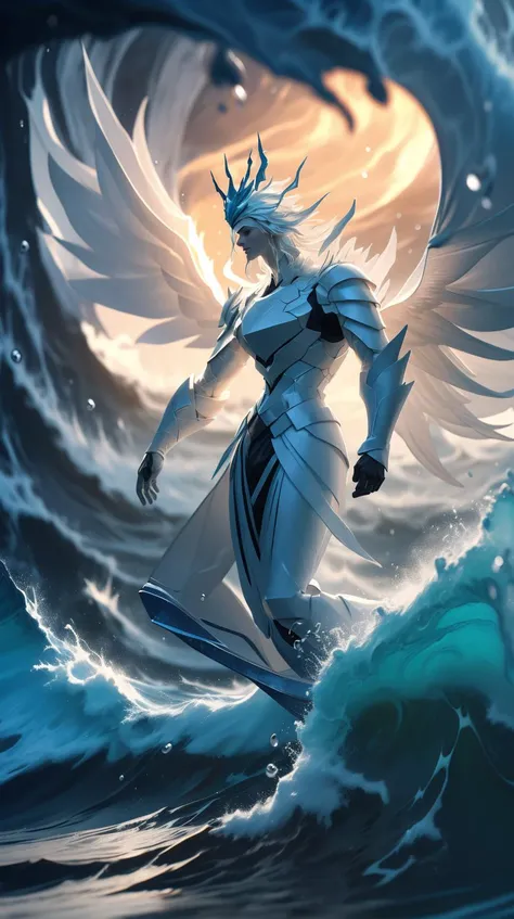 <lora:J_origami:1> J_origami (style-swirlmagic:0.9), portrait, looking at viewer, solo, (full body:0.6), detailed background, close up, shining (renaissance theme:1.1), divine archangel of water, surrounded by waves, ocean in background, fantasy dark blue aquatic style armor, dark hair, drops of water in air, finned marine crown, seaweed in hair, sea foam, huge waves crashing, (black cliffs:0.9), majestic divine atmosphere, bright light, holy aura, bloom, divine light, white clothes, silver embroidery,filigree, dynamic pose, ray of light,, (Masterpiece:1.3) (best quality:1.2) (high quality:1.1)