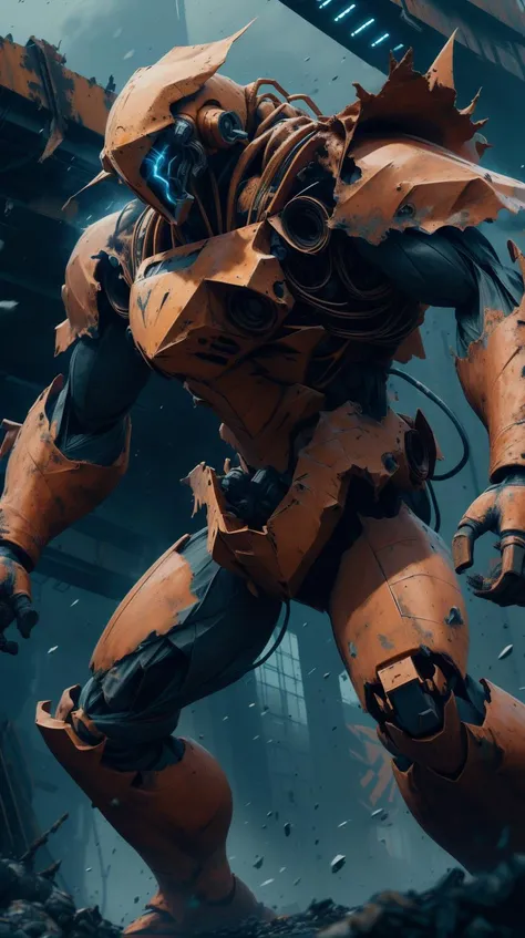 <lora:J_origami:1> J_origami (style-rustmagic:1.0) solo, upper body, looking up, detailed background, detailed face, (<lora:JoltTech:0.6>, excessive energy, power, scifi, jolttech theme:1.1), rust-warrior, rusty armor, rusted iron, (rusty:1.05), brown rust, weathered, corroded, grungy, dented, dirt, made of rust, fully rusted, machinery, left to rust, dynamic pose, scrap pile in background, low light, cinematic atmosphere,, (Masterpiece:1.3) (best quality:1.2) (high quality:1.1)