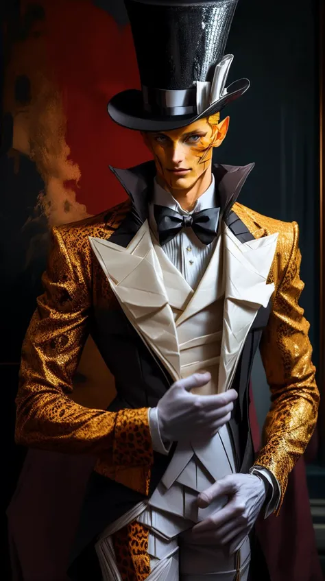 <lora:J_origami:1> J_origami man in a leopard print tuxedo with a sequined top hat, (Masterpiece:1.3) (best quality:1.2) (high quality:1.1)