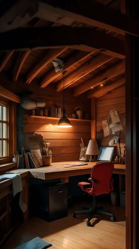 <lora:J_origami:1> J_origami rogue hacker's den,  timber,wood shingles or shake roof
, wall-mounted sconces, uplighting
, (Masterpiece:1.3) (best quality:1.2) (high quality:1.1)
