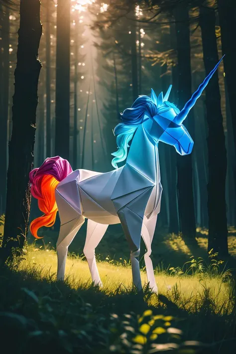 master piece, high quality, unicorn,in the forest,at night, white and rainbow light,J_origami,<lora:J_origami:0.8>,