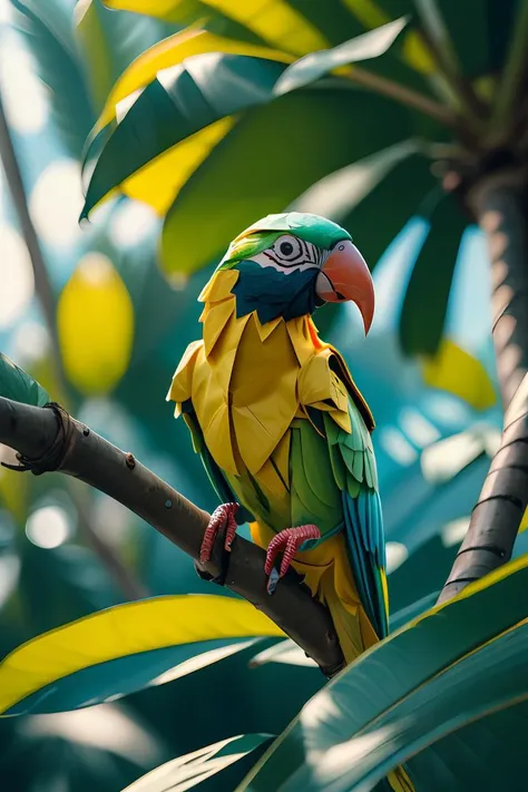 depth of field, super sharp, uhd, award-winning photo, high quality, brightly colored parrot, in a palm tree,J_origami,<lora:J_origami:0.8>,